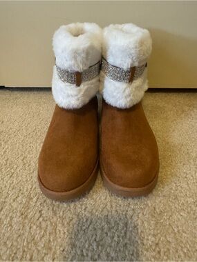 Juicy Couture Brown Suede Faux Fur Cuff Rhinestone Strap Boots